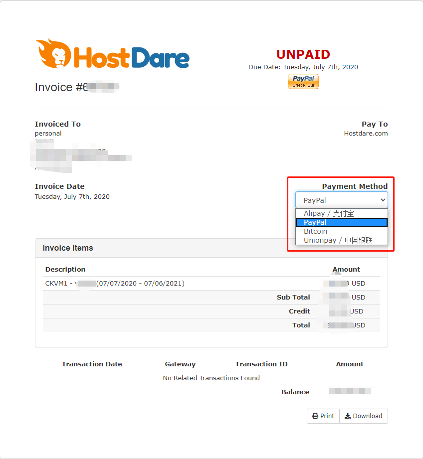 HostDare 选择PayPal支付账单