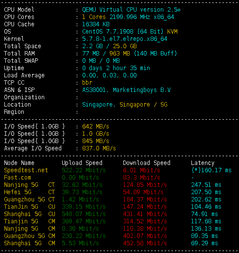 VPSServer 新加坡VPS脚本测试