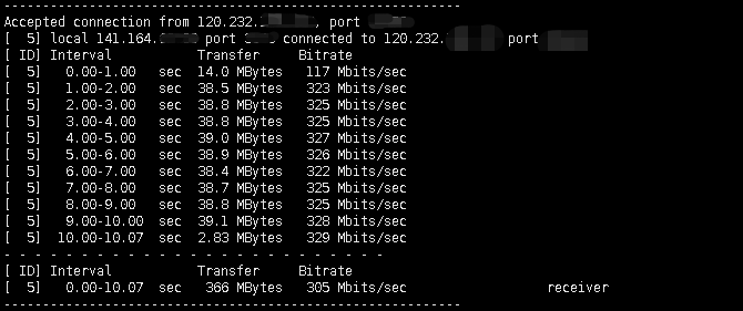 CMCUCT 广州移动1Gbps套餐与Vultr韩国首尔机房的iperf3测速