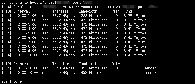 CMCUCT 广州移动1Gbps套餐与Vultr新加坡机房的iperf3测速