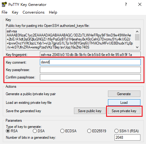在 PuTTY Key Generator 窗口中，输入密钥名，并创建加密私钥的密码（可选）。