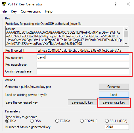 在 PuTTY Key Generator 窗口中,输入密钥名,并创建加密私钥的密码(可选)。