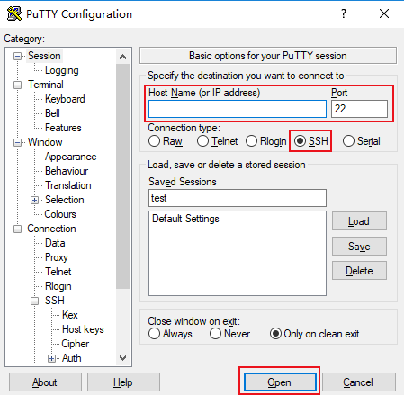 3、在 PuTTY Configuration 窗口中，输入以下内容。