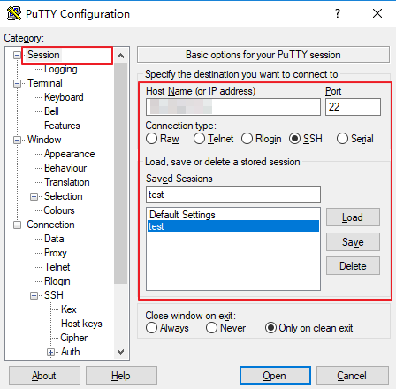 切换至 Session 配置界面，配置服务器的 IP、端口，以及连接类型。