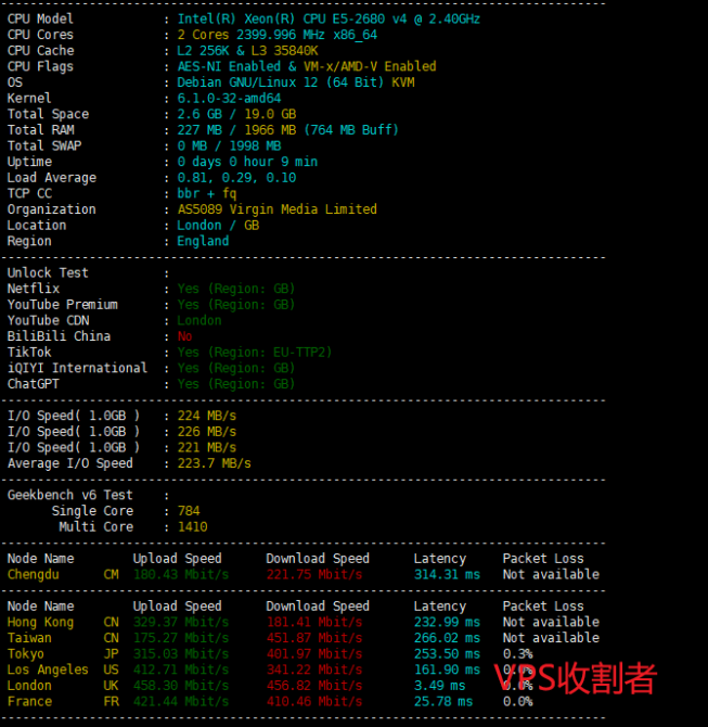 丽萨主机英国双ISP住宅IP VPS服务器测试