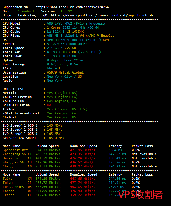 AcckCloud美国洛杉矶4837 VPS服务器superbench测试