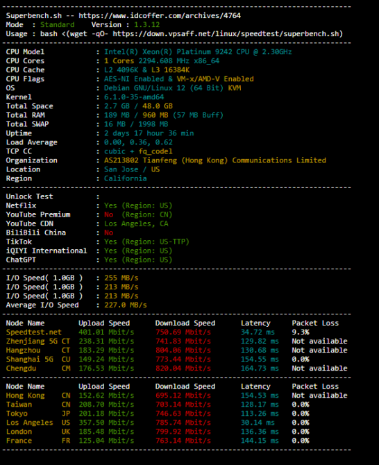 Lightlayer圣何塞优化网络VPS套餐superbench测试