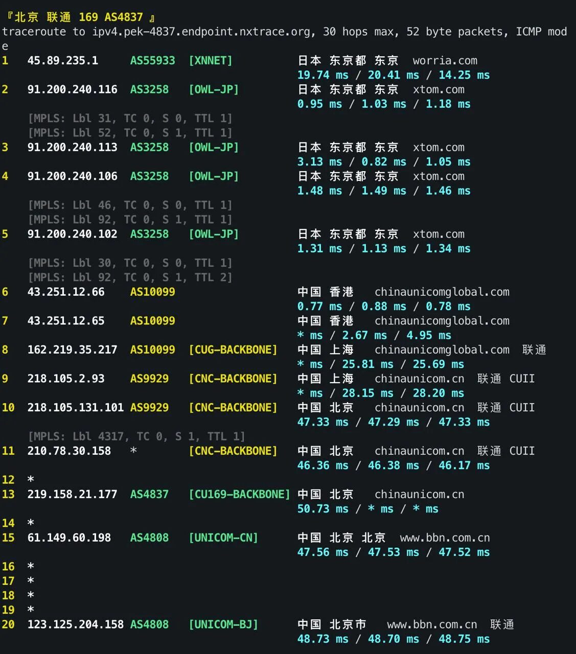 V.PS日本VPS到北京联通回程路由