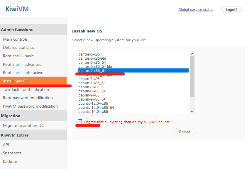 搬瓦工 KiwiVM Install new OS 重装系统