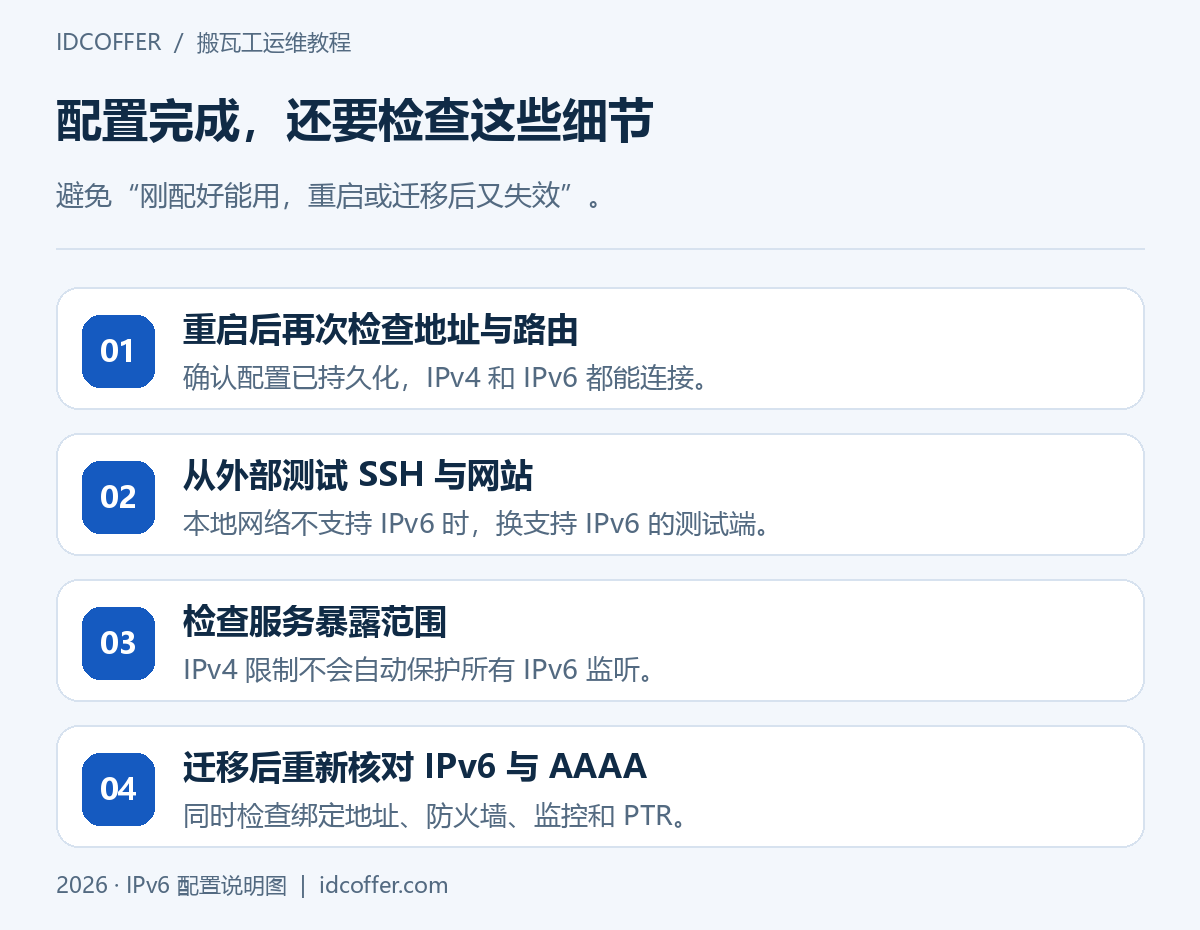 搬瓦工 IPv6 配置后的验证与迁移检查清单